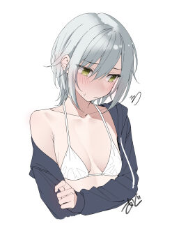 1girl absurdres arms_under_breasts bikini black_jacket blush breasts breasts_apart closed_mouth collarbone cropped_torso crossed_arms drawstring embarrassed green_eyes grey_hair hair_between_eyes halterneck highres hinomori_shiho hood hood_down hooded_jacket jacket kawai_ritsu_(rits_meg) long_sleeves looking_down no_pupils off_shoulder open_clothes open_jacket project_sekai short_hair sidelocks signature simple_background single_bare_shoulder small_breasts solo squiggle sweatdrop swimsuit upper_body white_background white_bikini