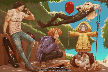 alternate_costume alucard_(castlevania) arms_behind_head artist_name balloon beard_stubble black_footwear black_hair black_pants black_shirt blonde_hair blood blue_hair boombox brown_footwear castlevania_(netflix) castlevania_(series) character_request clapping clown contemporary cross crossover defeat denim drawing_on_another's_face english_text facial_hair floating green_hair gutter haraya_manawari head_bump hello_kitty hello_kitty_(character) hibiki_ryouga highres hood hoodie jeans lance_of_longinus_(evangelion) long_hair luce_(jubilee_2025) megamind megamind_(movie) monster_energy multiple_crossover muscular muscular_male nosebleed one_piece orange_hair pants pennywise purple_hoodie raincoat ranma_1/2 roronoa_zoro sanrio shirt shoes short_hair skateboard smile sneakers stubble sunglasses sword sypha_belnades tic-tac-toe torn_clothes torn_jeans torn_pants tree trevor_c._belmont weapon white_shirt yellow_raincoat