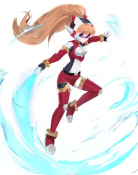 1girl absurdres alternate_costume arm_belt armor belt blonde_hair blue_eyes bodystocking boots breasts chest_jewel ciel_(mega_man) commission commissioner_upload covered_navel elbow_gloves electricity energy_sword fauron714 fighting_stance full_body gloves helmet highres holding holding_weapon incoming_attack knee_armor long_hair looking_at_viewer mechanical_ears mega_man_(series) mega_man_zero_(series) mega_man_zx model_z_(mega_man) non-web_source petite ponytail shorts simple_background small_breasts solo sword thigh_belt thigh_boots thigh_strap transparent_background weapon