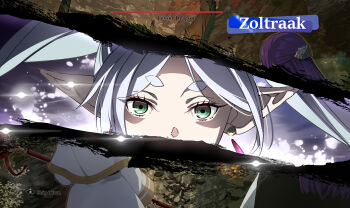 Rule 34 | 2girls, black robe, butterfly hair ornament, capelet, clair obscur: expedition 33, commentary request, dress, earrings, elf, fern (sousou no frieren), frieren, green eyes, hair ornament, health bar, jewelry, long hair, looking at viewer, magic, multiple girls, nyoro (nyoronyoro000), outdoors, pointy ears, purple hair, robe, sousou no frieren, straight hair, teardrop earrings, thick eyebrows, white capelet, white dress, white hair