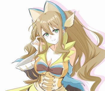 1girl amari_aquamarine animal_ear_hairband animal_ears arm_behind_back breasts brown_hair cat_ear_hairband cat_ears cleavage fake_animal_ears green_eyes hairband hand_in_own_hair inukeru long_hair smile super_robot_wars super_robot_wars_x