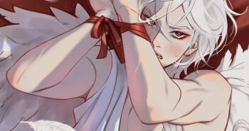 1boy a_date_with_death aegyo_sal bound bound_wrists casper_(a_date_with_death) falling_feathers feathers hands_up highres jellyfish_cut looking_at_viewer lying male_focus muscular muscular_male narrowed_eyes official_art on_back open_mouth paid_reward_available partially_shaded_face pectorals promotional_art red_eyes serious shirt solo sweatdrop upper_body white_hair white_shirt