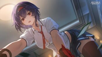 1girl aether_gazer artist_request bent_over black_hair black_skirt braid breasts buttons character_request collarbone collared_shirt copyright_name hairband highres looking_at_viewer miniskirt necktie official_art open_mouth red_eyes red_hairband red_necktie second-party_source shirt skirt solo thighhighs white_shirt