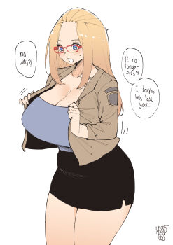 1girl absurdres artist_name black_skirt blonde_hair blue_eyes breasts bright_pupils brown_jacket cleavage collarbone english_text glasses highres inne_sulistya_robin jacket large_breasts long_hair motion_lines norman_maggot open_clothes open_jacket open_mouth original red-framed_eyewear skirt solo speech_bubble sweat white_pupils