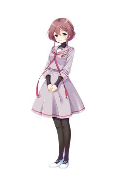 1girl asato_kasuga black_pantyhose black_shirt blue_eyes brown_hair closed_mouth full_body girlfriend_(kari) grey_serafuku grey_skirt high_heels knees legs looking_at_viewer neckerchief official_art pantyhose pink_neckerchief pumps qp:flapper raised_inner_eyebrows sailor_collar sailor_shirt school_uniform serafuku shirt shoes simple_background skirt smile solo standing transparent_background white_shoes