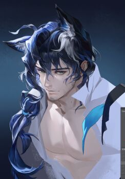 1boy animal_ears anjingkuxiao arknights art_program_in_frame bara beard_stubble blue_hair closed_mouth facial_hair fox_ears highres long_hair looking_at_viewer male_focus messy_hair muscular muscular_male nowell_(arknights) partially_unbuttoned pectorals shirt stubble unbuttoned unbuttoned_shirt white_shirt