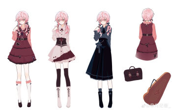 1boy 1girl absurdres bag black_dress blush boots bow breasts closed_mouth couple dress frilled_dress frills full_body highres jacket long_hair long_sleeves looking_at_viewer model model_building momomiya_shizuku_(gaoyue_jixiang) non-web_source original pink_eyes pink_hair red_dress shoes short_dress shoulder_bag simple_background skirt smile socks solo standing thighhighs transparent_background white_background