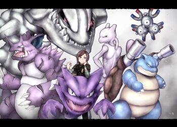 1girl bad_id bad_pixiv_id blastoise crossover gen_1_pokemon gen_2_pokemon highres imizu_(nitro_unknown)_(character) legendary_pokemon letterboxed magneton matori_yoshika mewtwo nidoking nintendo poke_ball poke_ball_(basic) pokemon pokemon_(creature) pokemon_team real_life_insert steelix