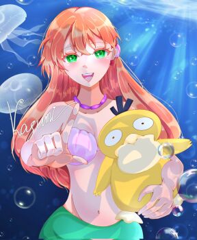 1girl :d air_bubble alternate_hairstyle bare_arms bare_shoulders bead_necklace beads bikini bikini_top_only blush breasts bubble cleavage collarbone earrings gen_1_pokemon green_eyes hair_between_eyes hair_down hair_ornament highres holding holding_pokemon index_finger_raised jellyfish jewelry light_rays long_hair looking_at_viewer mermaid mermaid_misty_(pokemon) misty_(pokemon) monster_girl navel necklace nintendo open_mouth orange_hair pointing pokemon pokemon_(anime) pokemon_(classic_anime) pokemon_(creature) pokemon_rgby psyduck shell shell_bikini smile stomach submerged swimsuit teeth underwater upper_teeth_only water