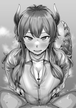 1boy 1girl absurdres bar_censor breasts breasts_squeezed_together censored cleavage clothed_female_nude_male collared_shirt commentary dola_(7th_costume)_(nijisanji) dola_(nijisanji) dragon_girl dragon_horns dragon_tail fangs grabbing_own_breast grey_background greyscale hetero highres horns huge_breasts jewelry kaiman_garupan long_hair long_sidelocks long_sleeves looking_at_viewer monochrome motion_blur motion_lines necklace nijisanji nude open_mouth paizuri paizuri_under_clothes partially_unbuttoned pov shirt sidelocks smile steaming_body suspenders sweat tail virtual_youtuber