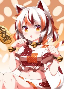 1girl :3 :d animal_ears blush calico_(pattern) cat_ears cat_girl cat_tail coin commentary_request completion_time crop_top cropped_shirt feet_out_of_frame gold goutokuji_mike gradient_background hands_up highres koban_(gold) looking_at_viewer midriff multicolored_hair multicolored_shirt multicolored_skirt navel open_mouth orange_background orange_hair paw_pose red_hair ruu_(tksymkw) shirt short_hair short_sleeves sitting skirt smile solo streaked_hair tail touhou white_hair white_shirt white_skirt yellow_eyes