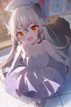 1girl animal_ear_fluff animal_ears bare_shoulders blue_archive blush breasts cleavage commentary_request crossed_bangs dress elbow_gloves gloves grey_hair hair_between_eyes halo hat highres long_hair looking_at_viewer michiru_(blue_archive) michiru_(dress)_(blue_archive) mikumiku37 official_alternate_costume orange_eyes pink_halo purple_dress purple_hat purple_shoes raccoon_ears raccoon_girl raccoon_tail shoes small_breasts solo tail white_gloves