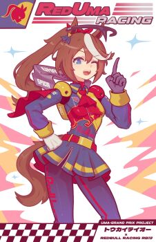 1girl absurdres animal_ears april_jubilees ascot asymmetrical_gloves black_dress black_gloves black_leggings blue_eyes bow breasts brown_hair capelet commentary dress ear_bow ear_ribbon english_commentary formula_one gloves hair_between_eyes hair_bow high_ponytail highres horse_ears horse_girl horse_tail leggings long_hair long_sleeves looking_at_viewer mismatched_gloves multicolored_hair open_mouth ponytail red_ascot red_bow red_bull red_capelet small_breasts smile solo spoiler_(automobile) streaked_hair tail teeth tokai_teio_(umamusume) two-tone_hair umamusume upper_teeth_only white_gloves white_hair