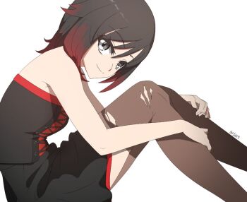 1girl ar_jart artist_name bare_shoulders black_dress black_hair black_thighhighs breasts closed_mouth dress gradient_hair grey_eyes head_tilt knees_up looking_at_viewer multicolored_hair red_hair ruby_rose rwby short_hair sitting small_breasts solo strapless strapless_dress thighhighs thighs torn_clothes torn_thighhighs white_background zettai_ryouiki