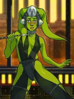 1girl alien blush breasts collar colored_skin exmile green_skin highres leash looking_at_viewer metal_collar oola small_breasts solo star_wars star_wars:_return_of_the_jedi twi'lek
