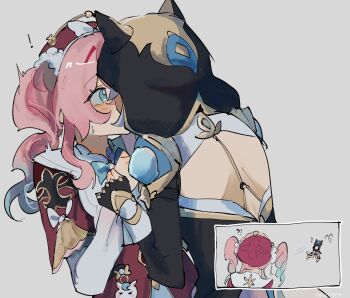 2girls animal_ears backless_outfit black_gloves blue_eyes blue_hair cat_ears cipher_(honkai:_star_rail) dress elbow_gloves fingerless_gloves gloves gradient_hair grey_background highres honkai:_star_rail honkai_(series) hyacine_(honkai:_star_rail) kiss kiss_meter_(meme) meme multicolored_hair multiple_girls nsuntens pink_hair red_dress simple_background twintails yuri