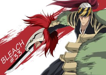 1boy abarai_renji anime_coloring armor bankai black_hakama black_kimono bleach bleach:_sennen_kessen-hen chest_tattoo clenched_hand closed_mouth collarbone commentary_request copyright_name cowboy_shot episode_number fighting_stance hakama highres japanese_clothes kimono long_hair long_sleeves looking_at_viewer male_focus official_artist_extra official_style ponytail red_hair sanpaku serious sha11021997 shoulder_armor simple_background solo souou_zabimaru_(bankai) split_mouth sword tattoo weapon white_background