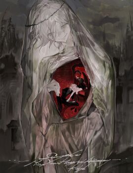 Rule 34 | 1boy, 1girl, absurdres, anniversary, armchair, barefoot, belt collar, black collar, black dress, black jacket, black leg warmers, black pants, black shoes, black suit, black wings, bonnet, chair, closed eyes, collar, collared shirt, commission, cracked skin, danganronpa (series), danganronpa 2: goodbye despair, dress, expressionless, feathered wings, formal clothes, full body, green eyes, grey background, grey eyes, grey shirt, hair between eyes, hair over one eye, hand up, head chain, hetero, highres, holding another's foot, hole in chest, hole on body, jacket, jewelry, juliet sleeves, kirbyb, kissing leg, komaeda nagito, leg warmers, long hair between eyes, long sleeves, looking at another, looking down, medium hair, mihuashi commission, multiple views, oc x canon, on floor, original, pale skin, pants, pendant, petrification, puffy sleeves, red hair, robe, rug, see-through clothes, see-through veil, shirt, shoes, short dress, short hair, sidelocks, single leg warmer, single wing, sitting, size difference, sleeve garter, smile, suit, unworn shoes, veil, wavy hair, white hair, white robe, white veil, wings