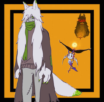 1boy 1girl aged_down alternate_species animal_ears animal_hands arms_at_sides az_(pokemon) black_eyes black_flower candle_(allotas) chest_markings claws closed_mouth coat covered_mouth crescent fangs fangs_out floating floette floette_(eternal) flower full_body gen_6_pokemon glowing green_eyes green_scarf grey_coat grey_pants grey_sweater hair_over_one_eye half-closed_eyes happy highres holding holding_flower long_hair long_sleeves multiple_views nintendo one_eye_covered orange_background pants patchwork_clothes pokemon pokemon_(creature) pokemon_legends:_z-a scarf sidelocks simple_background smile standing stitches sweater tail thorns torn_clothes torn_coat very_long_hair werewolf white_hair wolf_boy wolf_ears wolf_tail