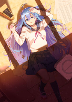 1girl absurdres ahoge black_skirt black_socks blue_eyes blue_hair blue_sailor_collar collared_shirt earrings feet_out_of_frame hair_between_eyes highres jewelry kneehighs long_hair long_sleeves looking_at_viewer lying metronome miniskirt motukan neck_ribbon on_back open_mouth pantyhose pleated_skirt red_ribbon ribbon sailor_collar sailor_shirt shirt skirt socks solo straight_hair very_long_hair vivy vivy:_fluorite_eye&#039;s_song white_shirt