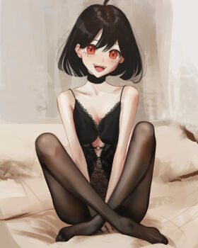 1girl absurdres ahoge between_legs black_collar black_hair black_negligee black_pantyhose collar collarbone commentary double-parted_bangs english_commentary full_body hand_between_legs highres indian_style lace lingerie looking_at_viewer mawaw mole mole_under_eye no_shoes on_bed open_mouth original pantyhose red_eyes short_hair sitting smile solo spaghetti_strap straight-on swept_bangs underwear