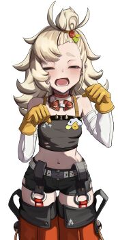 1girl absurdres bare_shoulders black_shirt black_shorts blonde_hair breasts closed_eyes collarbone commentary_request cowboy_shot crop_top detached_pants earrings gloves goggles goggles_around_neck highres jewelry long_hair midriff navel open_mouth orange_pants pants paw_pose piper_wheel shirt shorts simple_background small_breasts solo spiked_shirt sugunejineji thick_eyebrows torn_clothes torn_shirt white_background yellow_gloves zenless_zone_zero