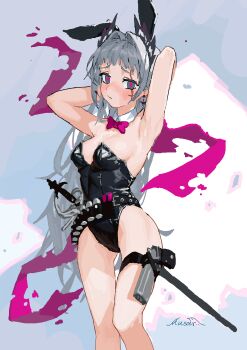 Rule 34 | 1girl, absurdres, alternate costume, animal ears, arknights, armpits, arms behind head, arms up, artist name, bare shoulders, belt, black leotard, blush, bow, bowtie, breasts, closed mouth, commentary request, detached collar, earrings, fake animal ears, grey background, grey hair, gun, handgun, haoli mei an, head wings, highleg, highleg leotard, highres, holster, irene (arknights), jewelry, leotard, long hair, looking at viewer, medium breasts, pink bow, pink bowtie, pink pupils, playboy bunny, rabbit ears, scar, signature, small breasts, solo, strapless, strapless leotard, sword, thighs, very long hair, weapon, wings