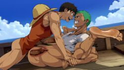 Rule 34 | 2boys, anal, barefoot, black eyes, blue sky, boat, cloud, earrings, erection, eye contact, green hair, grin, hat, highres, horizon, jewelry, knees out of frame, kou (alt kou), leg hair, looking at another, male focus, missionary, monkey d. luffy, multiple boys, ocean, one piece, open mouth, penis, pubic hair, red vest, roronoa zoro, sex, shirt, sky, smile, teeth, vest, watercraft, white shirt, x-ray, yaoi, yellow hat