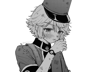 1boy crying greyscale hat identity_v kepi looking_down male_focus military_hat moio3oiom monochrome portrait short_hair sidelocks solo stitched_mouth stitches tearing_up twitter_username victor_grantz watch white_background wristwatch