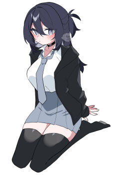1girl absurdres arms_behind_back black_choker black_hair black_hoodie black_thighhighs blush breasts choker collarbone double-parted_bangs folded_ponytail full_body grey_eyes grey_necktie grey_skirt hair_between_eyes highres hood hoodie kneeling large_breasts long_hair long_sleeves looking_at_viewer necktie no_shoes oimotororo1116 open_clothes open_hoodie original pleated_skirt shirt sidelocks signature skirt sleeves_past_wrists solo thighhighs white_background white_shirt yuuka_(oimotororo1116)