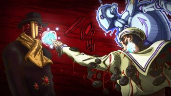 Rule 34 | 1boy, 2others, aqua lips, araki hirohiko (style), aura, birthmark, black coat, black hair, black hat, blood, blood on clothes, blood on face, bobbles, coat, comic panel redraw, commentary, derivative work, dixie cup hat, english commentary, facial mark, hat, hatching (texture), higashikata josuke (jojolion), humanoid robot, joestar birthmark, jojo no kimyou na bouken, jojolion, long sleeves, male focus, military hat, multiple others, nika dudi, obladi oblada, official style, orange scarf, purple eyes, red eyes, robot, sailor, sailor collar, sailor hat, scarf, shirt, soft &amp; wet, stand (jojo), wonder of u, yellow hat, yellow sailor collar, yellow shirt