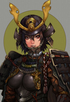 1girl armor bad_id bad_pixiv_id black_hair breastplate breasts brown_eyes brown_hair female_focus helmet japanese_armor kabuto_(helmet) lieqi_hun lips original red_eyes samurai short_hair shoulder_armor smile sode solo upper_body