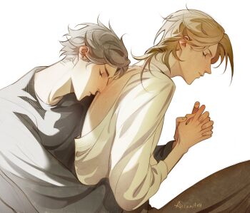 2boys acra_mitch alhaitham_(genshin_impact) black_pants blonde_hair closed_eyes closed_mouth clothing_cutout commentary eyelashes fingernails from_side genshin_impact grey_hair highres kaveh_(genshin_impact) long_sleeves male_focus multiple_boys own_hands_together pants parted_hair profile signature simple_background white_background yaoi