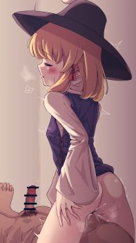 1boy 1girl absurdres ass bar_censor blonde_hair bottomless censored closed_eyes clothed_female_nude_male cunnilingus erection esujii_(sg_gush_wak) hat hetero highres medium_hair moriya_suwako nude oral penis petite purple_vest shirt sitting sitting_on_face sitting_on_person touhou vest white_shirt wide_sleeves