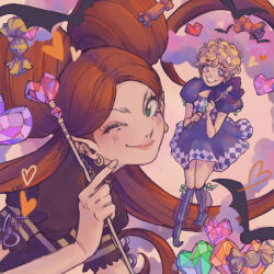 Rule 34 | 2girls, ;), bat (animal), blonde hair, bow, bowtie, candy, chocolat meilleure, commentary, dress, earrings, food, green eyes, heart, heart wand, highres, holding, holding wand, jewelry, looking at viewer, momoiro lys, multiple girls, one eye closed, orange hair, pointy ears, puffy short sleeves, puffy sleeves, purple dress, purple eyes, purple footwear, short hair, short sleeves, smile, sugar sugar rune, twintails, twitter username, vanilla mieux, wand