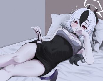 1girl bed black_choker black_dress black_hair black_horns black_panties blue_archive blush breasts choker collarbone commentary_request covered_navel covering_own_mouth demon_horns diamond_necklace dress ear_piercing grey_halo halo highres horns kayoko_(blue_archive) kayoko_(dress)_(blue_archive) long_hair looking_at_viewer lying mole mole_on_collarbone multicolored_hair official_alternate_costume panties panty_pull piercing pillow pulling_own_clothes red_eyes small_breasts solo studded_choker sweat unamaso underwear white_hair