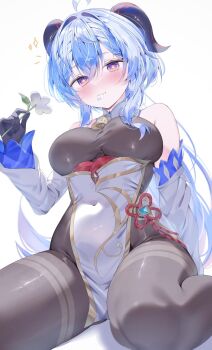1girl ahoge bare_shoulders bell black_gloves blue_hair blush breasts brown_pantyhose detached_sleeves eating_flower flower ganyu_(genshin_impact) genshin_impact gloves gold_trim highres horns jewelry large_breasts long_hair neck_bell pantyhose pekokota purple_eyes qingxin_flower red_rope rope sidelocks sitting solo sparkling_eyes thighlet thighs vision_(genshin_impact) wariza white_flower white_sleeves