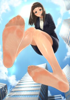 1girl absurdres brown_eyes brown_hair feet highres light_blush long_hair looking_at_viewer maburoku office_lady pantyhose parted_lips soles toes