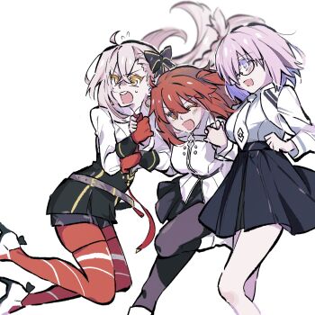 3girls black_pants black_skirt blush bow chaldea_logo chaldea_uniform commentary_request fate/grand_order fate_(series) fujimaru_ritsuka_(female) full_body glasses hair_between_eyes hair_bow highres holding_hands jacket long_hair mash_kyrielight multiple_girls necktie numuhe olga_marie_animusphere olga_marie_animusphere_(unbeast) one_eye_closed open_mouth orange_eyes orange_hair pants pink_eyes shirt short_hair side_ponytail skirt teeth upper_teeth_only white_hair white_jacket white_necktie white_shirt yellow_eyes