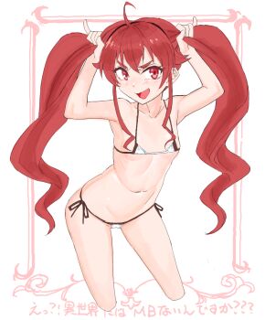 1girl alternate_hairstyle arms_up bikini blush breasts brown_bikini bunching_hair cleavage eris_greyrat hairband highres japanese_text kneeling legs long_hair looking_at_viewer multicolored_bikini mushoku_tensei navel open_mouth playing_with_own_hair red_eyes red_hair side-tie_bikini_bottom small_breasts smile swimsuit thighs tongue translation_request twintails two-tone_bikini very_long_hair white_bikini