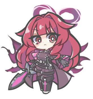 1girl belt boots chibi duel_monster exosister_karmael exosister_martha highres long_hair looking_at_viewer multiple_belts oquri outstretched_arm red_eyes red_hair sword weapon yu-gi-oh!