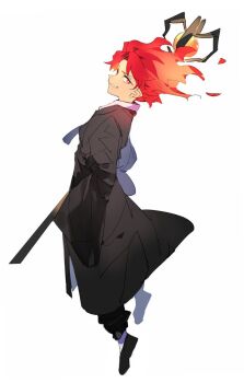 1boy bad_id bad_twitter_id black_coat black_shoes coat colored_skin cookie_run fiery_hair fire_spirit_cookie grin highres holding holding_staff humanization inactive_account long_sleeves looking_at_viewer looking_back male_focus nana_(ebitokanimiso) orange_skin painttool_sai_(medium) red_hair shoes short_hair simple_background sketch smile solo staff white_background