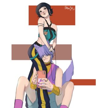 1boy 1girl acejk_arts black_hair closed_mouth commentary double_bun femdom hair_bun hair_over_eyes halterneck highres holding holding_leash holding_phone jewelry kpop_demon_hunters leash mystery_(kpop_demon_hunters) pants phone purple_hair purple_nails purple_socks ring short_bangs sidelocks socks tail zoey_(kpop_demon_hunters)