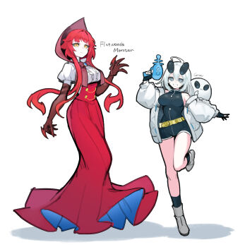 2girls :d ahoge alien baniran_dorosu bonnet boots brooch center_frills character_name claws cryptid dress energy_gun extra_eyes flatwoods_monster frills frown grey_eyes grin gun hand_up highres holding holding_gun holding_weapon jewelry jumpsuit monster_girl multiple_girls nails_visible_through_gloves neck_ribbon off_shoulder open_mouth original personification puffy_short_sleeves puffy_sleeves ray_gun red_hair ribbon short_hair_with_long_locks short_sleeves shorts sleeveless_jumpsuit smile socks standing standing_on_one_leg underbust v-shaped_eyebrows weapon white_hair