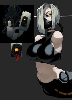 1girl arrow_(symbol) black_choker black_sclera breasts cable choker colored_sclera commentary covered_mouth crop_top english_commentary glados glowing glowing_eye grey_hair hair_over_one_eye half-closed_eye halterneck highres krekkov large_breasts looking_at_viewer mask missing_limb mole mole_under_eye mouth_mask navel no_pupils pale_skin personification portal portal_(series) portal_2 short_hair solo torso yellow_eyes