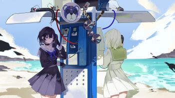 2girls absurdres artist_logo artist_self-insert beach black_gloves black_hair black_serafuku blue_neckerchief cable cloud coin_slot corded_phone cowboy_shot dated earrings foaming_waves gloves highres holding holding_phone jewelry light_bulb logo looking_at_viewer medium_hair multiple_girls neckerchief original payphone phone pleated_skirt purple_eyes school_uniform serafuku skirt sparks speaker standing stud_earrings stuffed_animal stuffed_toy talking_on_phone teddy_bear waves white_serafuku wire xe367