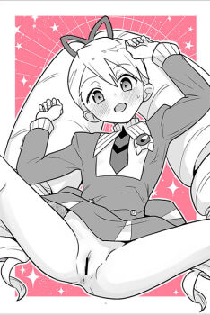 1girl bar_censor blush bow censored dress drill_hair hair_bow heriyama loli long_hair looking_at_viewer luna_platz_(mega_man) mega_man_(series) mega_man_star_force_(series) open_mouth pussy smile spread_legs twin_drills very_long_hair