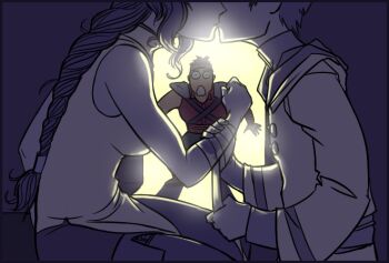 1girl 2boys :o bandaged_arm bandages bare_arms boyd_(fire_emblem) breasts commentary eyes_out_of_frame fire_emblem fire_emblem:_path_of_radiance head_out_of_frame hetero kiss long_hair medium_breasts multiple_boys nintendo open_mouth rhys_(fire_emblem) surprised tank_top titania_(fire_emblem) walk-in wanderbrack wide-eyed