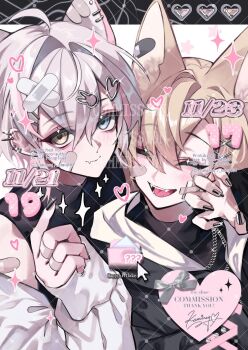 Rule 34 | 2boys, bandaid, bandaid on face, bandaid on finger, bandaid on hand, black shirt, blonde hair, closed eyes, closed mouth, commentary, commission, crossdressing, crossdressing (mtf), fangs, heart, highres, kaminoq, looking at viewer, multiple boys, nail polish, open mouth, original, shirt, skeb commission, untranslatable commentary, white hair, white shirt