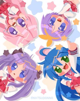 4girls :3 artist_name blue_hair chibi chibi_only glasses green_eyes hair_ribbon highres hiiragi_kagami hiiragi_tsukasa izumi_konata katsudonno lucky_star multiple_girls neckerchief pink_neckerchief purple_eyes purple_hair red_sailor_collar red_skirt ribbon sailor_collar school_uniform siblings simple_background sisters skirt star_(symbol) takara_miyuki twintails white_background yellow_ribbon